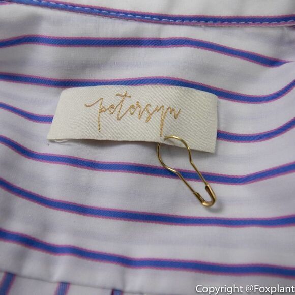 NWOT Petersyn smocked puff short sleeve button front top,‎ white with stripes - Picture 11 of 15